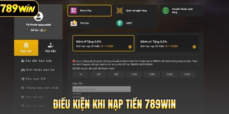 Điều kiện khi nạp tiền 789Win